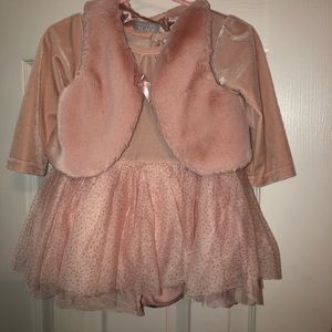 Pink and rose gold dress with faux fur vest